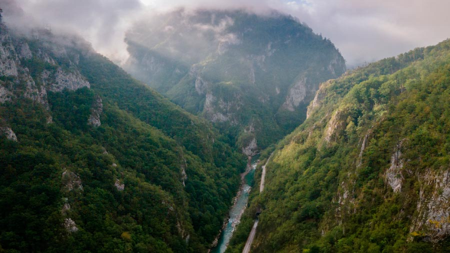 Aerial view of Tara canyon in mist