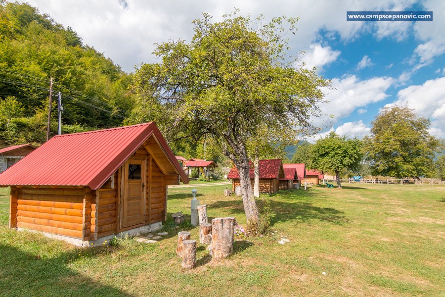 Row of wooden cabins in the camp