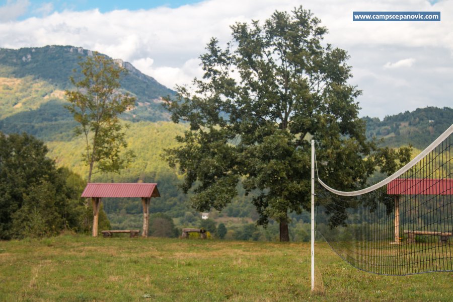 Volleyball net and mountain view